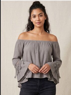 Sans Souci Olive Off-Shoulder Peasant Top with Lace Bell Sleeves 100% Rayon